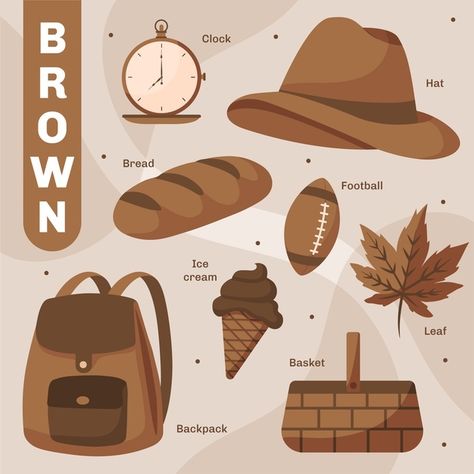 Set of brown objects and vocabulary word... | Free Vector #Freepik #freevector #school #education #color #fun Brown Objects, Color Red Activities, Yellow Objects, Pink Objects, Abc Flashcards Printable, Colors Activities, Nursery Projects, Frozen Printables, Yellow Words