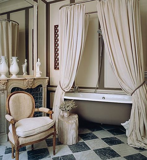 rich brown and beige Parisian Bathroom Decor, Brown Bathtub, Renovate Bathroom, Clawfoot Tub Shower Curtain, Romantic Bathroom, Parisian Bathroom, Pinterest House, Spa Inspired Bathrooms, Glamorous Bathroom