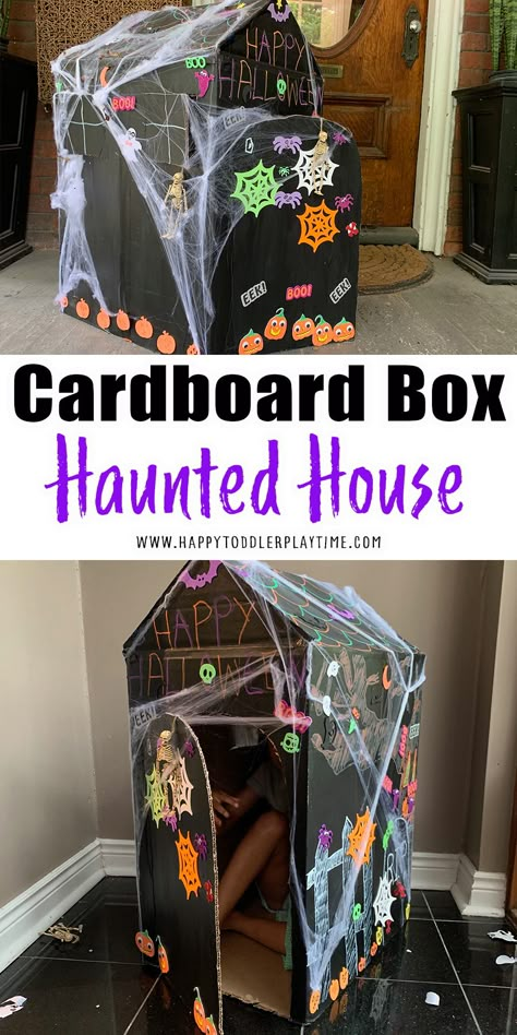 The Best Cardboard Box Haunted House - HAPPY TODDLER PLAYTIME Cardboard Box Haunted House, Haunted House For Kids, Kids Crafts Toddlers, Crafts Toddlers, Haunted House Craft, Haunted House Diy, Halloween Sensory, Halloween Craft Projects, Casa Halloween