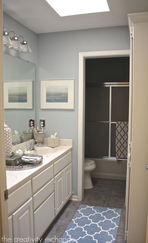 Wall color is Krypton from Benjamin Moore.  The Creativity Exchange Soft Blue Paint Colors, Blue Beadboard, The Creativity Exchange, Things Paint, Warm Grey Walls, Gray Paint Colors, Bathroom Upstairs, Grey Wall Color, Blue Gray Paint Colors