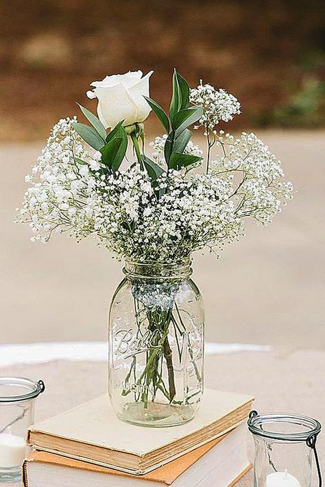 Garden Wedding Ideas On A Budget, Wedding Reception On A Budget, Wedding Centerpieces Mason Jars, Simple Wedding Centerpieces, Wedding Decorations On A Budget, Jar Centerpieces, Babies Breath, Wedding Table Flowers, Mason Jar Wedding