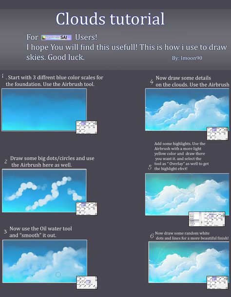 Clouds tutorial by Imoon90 Procreate Clouds, Mural Ceiling, How To Draw Clouds, Draw Clouds, Cloud Tutorial, Ceiling Mural, Digital Painting Techniques, Ceiling Art, Cloud Drawing