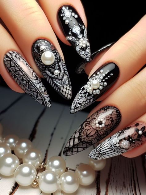 A vintage-inspired black and white nail design featuring intricate lace patterns and pearl accents, evoking old Hollywood glamour. Black And White Nail Design, White Nail Design, Best Summer Nails, Black And White Nail, Black And White Nail Designs, Summer Nails Ideas, Black Nail Art, Black Nail Designs, White Nail Designs