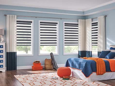 Update the whole room with new Layered Shades from @baliblinds. Pictured shades are from our Marconi collection in Blue Steel color 4645. These shades work well with motorized lift and Back Tab Drapery. #LayeredShades #Bedroom Shades Window Treatments, Layered Shades, Bali Blinds, Shades Window, Zebra Shades, Zebra Blinds, Motorized Blinds, Sheer Shades, Faux Wood Blinds