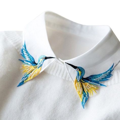 False Collar, Collar Tips, Fake Collar, Half Shirts, White Shirts Women, Embroidered Collars, Bird Embroidery, Embroidery Fashion, Collar Designs