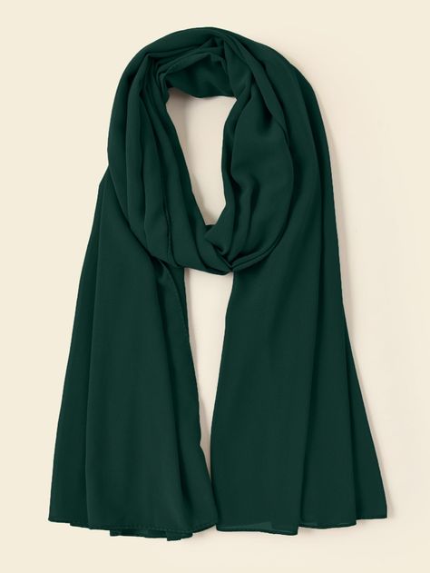 Dark Green Casual Collar  Chiffon Plain Scarf Embellished   Women Accessories Green Hijab Outfit, Dark Green Scarf, Olive Green Scarf, Green Hijab, Blue Hijab, Simple Frock Design, Plain Scarves, Hijab Style Tutorial, Latest Bridal Dresses