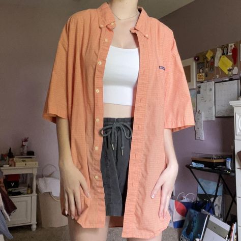 Light orange, red, and white plaid button up top.... - Depop #trendy #europeansummer #beach #aesthetic #granolagirl #coolgirl #coastal #vintage #fitspo #thrifty #downtowngirl Coastal Vintage, Red And White Plaid, Orange Blouse, Granola Girl, Button Up Top, European Summer, Vintage Button, Beach Aesthetic, Light Orange