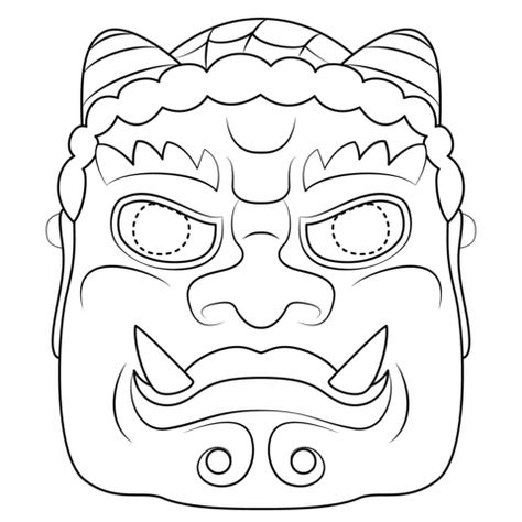 Blank Mask Drawing, Masquerade Mask Template Paper, Japanese Kabuki Mask, Mask Coloring Page, Kabuki Mask, Printable Coloring Masks, Sri Lanka Traditional Mask, Mask Drawing, Tiki Totem