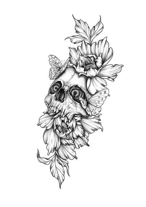 Spooky Tattoos With Flowers, Skull And Leaves Tattoo, Flowers With Skulls Tattoo, Flowers And Skulls Tattoos, Skull With Flowers Tattoo, Nicole Tattoo, Skull Flower Tattoo, Floral Skull Tattoos, Skull Tattoo Flowers