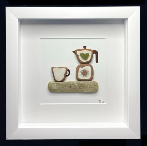 Sea Glass Coffee Art, Sea Glass Art Beach Scene, Sea Glass Wave, Sea Pottery Art, Mokapot Coffee, Stone Art Ideas, Beach Rocks Crafts, Sea Glass Art Diy, Sea Glass Mosaic