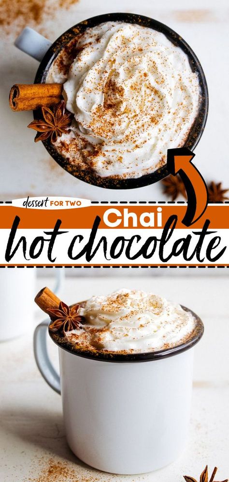 Chai Hot Chocolate, fall, non alcoholic beverages Chocolate Chip Cookies Without Eggs, Chai Hot Chocolate, Fall Hot Chocolate, Chocolate Cake Cheesecake, Spiced Hot Chocolate, Cookies Without Eggs, Warm Drinks Recipes, Chai Concentrate, Warm Winter Drinks