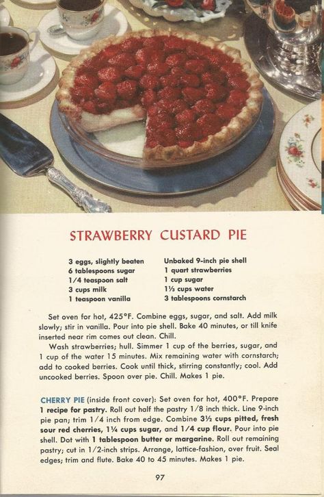 Strawberry Custard Pie, Vintage Recipes 1950s, Strawberry Custard, Cottagecore Recipes, 1950s Food, Homemade Cookbook, Recipe Drawing, Custard Pie, Think Food