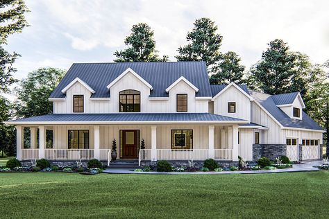 This 2-story, Modern Farmhouse plan is highlighted on the exterior by a wrap around porch, metal roof, and board and batten siding. Inside, immediate impressions are made by a cozy study with a fireplace adjacent to the entrance. The main floor also features a large great room and breakfast area that leads to an open kitchen. The kitchen, with expansive work island, lies beneath its own beamed ceiling and is open to the dining area. Just up the stairs, the master suite features a beautiful ... Dröm Hus Planer, Farmhouse House Plans, Brick Exterior House, Farmhouse Style House Plans, Diy Outdoor Decor, Modern Farmhouse Exterior, Farmhouse House, 3 Car Garage, Farmhouse Plan