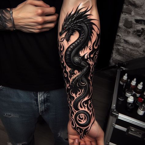 Dragon Tattoo Realistic, Dragon Tattoo Images, Dragon Tattoos For Men, 16 Tattoo, Dragon Sleeve, Dragon Tattoo Art, Forearm Band Tattoos, Dragon Sleeve Tattoos, Spine Tattoos For Women