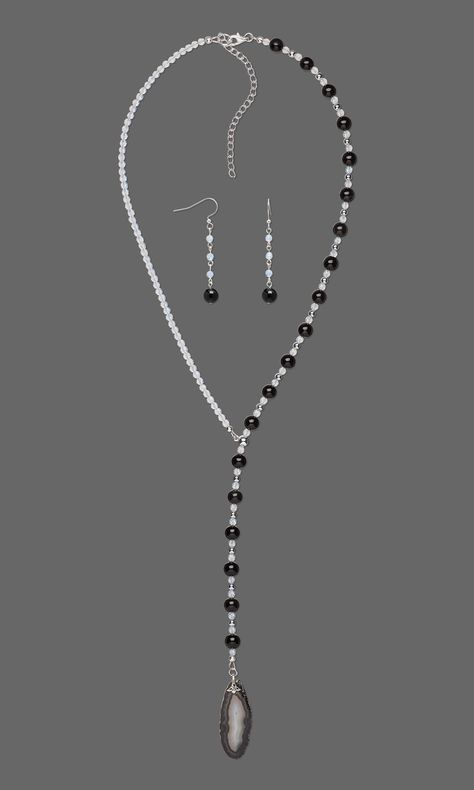 Jewelry Design - Single-Strand Necklace and Earring Set with Agate Gemstone Focal, Rainbow Obsidian Gemstone Beads and Swarovski® Crystals - Fire Mountain Gems and Beads Lariat Necklace Diy, Diy Pearl Necklace, Body Necklace Chain, Body Necklace, Rainbow Obsidian, Necklace Ideas, Beaded Necklace Diy, Prom Jewelry, Fire Mountain Gems And Beads