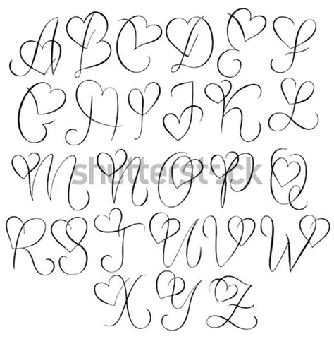 Hand Lettering Alphabet Fonts, Lettering Styles Alphabet, Lettering Guide, Heart Font, Pretty Fonts, Calligraphy For Beginners, Fancy Letters, Hand Lettering Art, Hand Lettering Alphabet