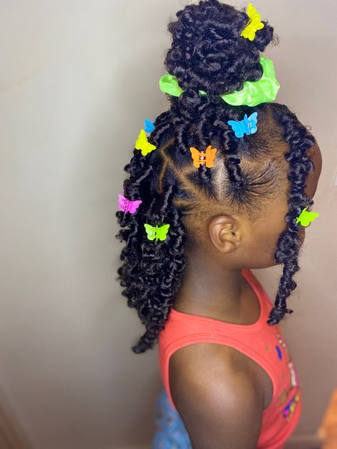 Kids Birthday Hairstyles Black, Cute Hairstyles Braids Black Kids, Kids Butterfly Locs, Kids Faux Locs, Birthday Hairstyles For Black Kids, Loc Hairstyles For Kids, Kids Locs Styles Daughters, Kids Crochet Hairstyles, Girls Braided Hairstyles Kids