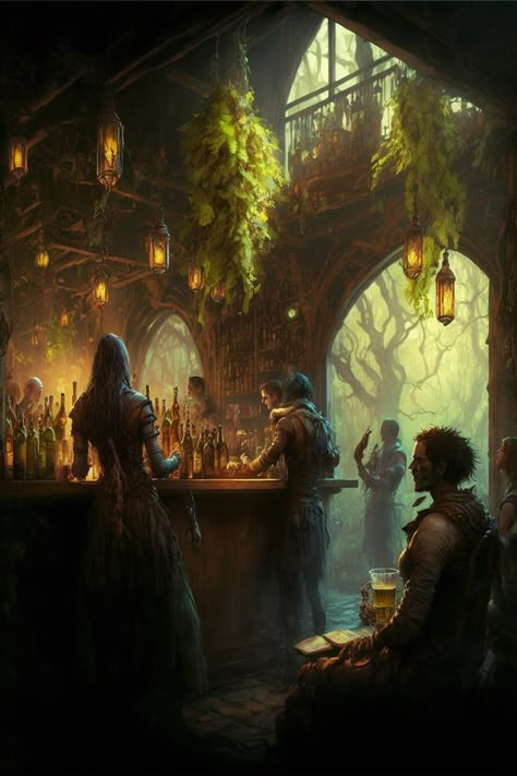 Fantasy Inn Concept Art, Fantasy Bar Art, Fantasy Tavern Art, Fantasy Tavern Aesthetic, Pirate Fantasy Art, Fairy Cottage Core Aesthetic, Steampunk Forest, Forest Bar, Fantasy Inn