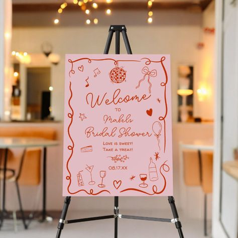 Retro pink red handdrawn illustrated bridal shower foam board Love Theme Bridal Shower Ideas, Drunk In Love Bridal Shower Theme, Bridal Shower Themes February, Valentines Theme Bridal Shower Ideas, Valentines Day Bridal Shower Theme, Red And Pink Bridal Shower Theme, Galentines Bridal Shower Ideas, Valentine Bridal Shower Ideas, Pretty In Pink Bridal Shower Ideas