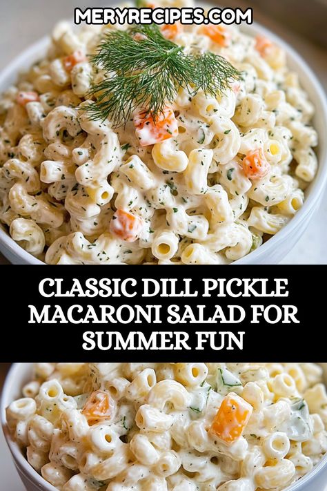 Dive into summer with this Classic Dill Pickle Macaroni Salad! This creamy pasta dish is a must-have for picnics and barbecues, combining tender elbow macaroni with crunchy dill pickles and sweet red onions. In just 30 minutes, you can whip up this refreshing side that pairs perfectly with grilled meats or can be enjoyed on its own. Its unique flavor profile, featuring a tangy dressing, will leave your guests asking for seconds. Perfect for any gathering, this dish is sure to be a hit! Pickle Macaroni Salad, Crunchy Dill Pickles, Salad For Summer, Creamy Pasta Salads, Cucumber Avocado Salad, Creamy Pasta Dishes, Macaroni Salad Recipe, Avocado Salad Recipes, Red Onion Relish