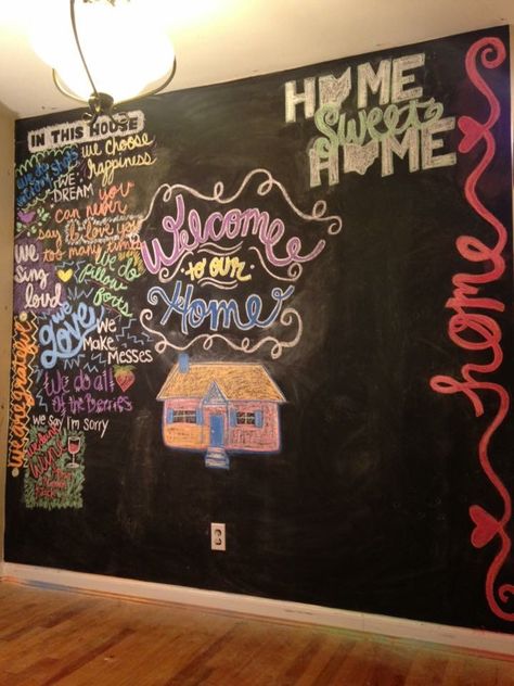 Welcome Home Chalk Art, Sweet Home Drawing, Chalk Wall Art, Chalk Art Ideas, Home Drawing, Chalk Wall, Chalkboard Designs, Our First Home, Chalk It Up