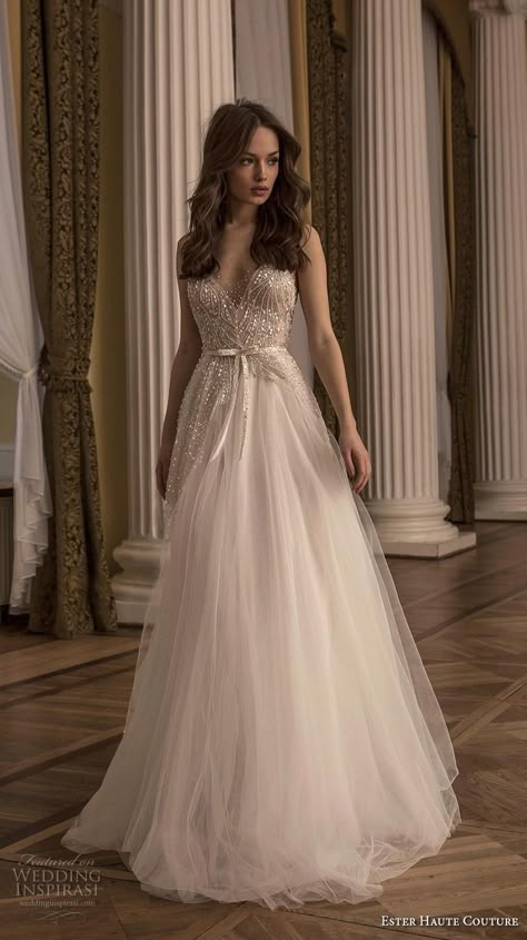 ester haute couture 2019 bridal sleeveless illusion strap v neck heavily embellished bodice glizty romantic glamorous a  line wedding dress sheer button back chapel train (2) mv -- Ester Haute Couture 2018/2019 Wedding Dresses | Wedding Inspirasi #wedding #weddings #bridal #weddingdress #bride ~ Wedding Dress Sheer, Sweet Wedding Dresses, Western Wedding Dresses, Wedding Inspirasi, Sheer Wedding Dress, 2018 Year, Bride Fashion, Country Wedding Dresses, Stunning Wedding Dresses