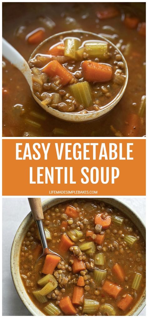 This easy vegetable lentil soup is light, healthy and packed full of good-for-you ingredients. It's easy to customize and makes a great main dish or a side. #easyvegetablelentilsoup #vegetablelentilsoup #lentilsoup #vegetablesoup #soup Sausage Lentil Soup, Veggie Lentil Soup, Vegetable Lentil Soup, Sausage Lentil, Lentil Vegetable Soup, Life Made Simple, Lentil Soup Recipe, Lentil Dishes, Easy Vegetable