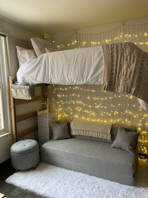 Dorm Decorations Lofted Bed, Dorm Room High Bed Ideas, Dorm Room With Couch Under Bed, Couch Under Dorm Bed, 2 Person College Dorm Room Ideas, Dorm Room Ideas With Couch, Mega Bed Dorm Room, Cute Dorm Ideas Colleges, College Loft Dorm Room Ideas