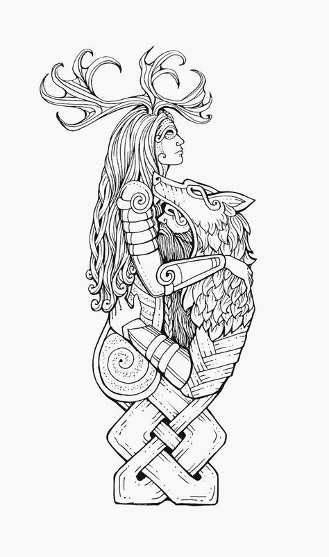 Danu Goddess Tattoo, Norse Art Drawings, Valkyrie Tattoo Design Norse Mythology, Feminine Norse Tattoo, Ulfhednar Tattoo, Viking Art Drawing, Nordic Mythology Tattoo, Nordic Tattoo Ideas, Odin Art