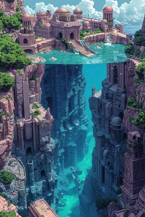 Underwater City, Fantasy City, Fantasy Setting, Fantasy Places, Futuristic City, Fantasy Map, Fantasy Art Landscapes, Fantasy Concept Art, Environment Concept Art