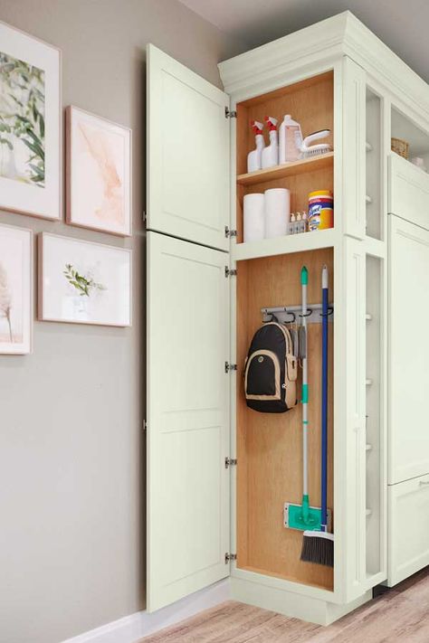 Utility Cabinet with Drop Zone - Decora Cabinetry Broom Pantry Cabinet, Shallow Utility Cabinet, Broom Closet On End Of Cabinet, Hidden Broom Storage In Kitchen, Narrow Cleaning Cabinet, Cleaning Closet In Kitchen, Broom Closet Kitchen Cabinet, Slim Broom Cabinet, Built In Broom Cabinet