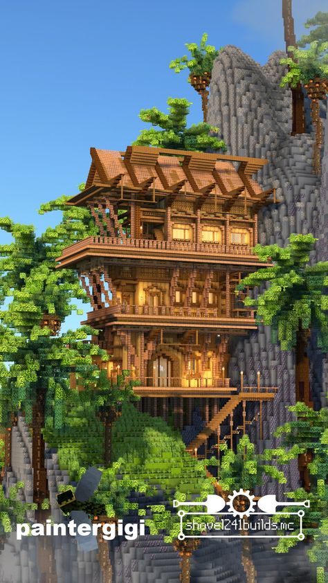 Inicio / Twitter Minecraft Lobby Ideas, Minecraft Cliff House, Minecraft Jungle House, Castle Blueprints, Minecraft Beach, Minecraft Mountain House, Minecraft Beach House, Houses Minecraft, Lake Property