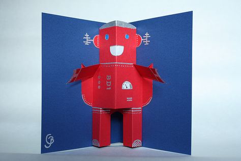 robot card Robot Card, Arte Pop Up, Paper Engineering, Pop Up Art, Pop Up Box Cards, Christmas Crafts For Kids To Make, Retro Robot, Pop Ups, Wood Crafts Diy