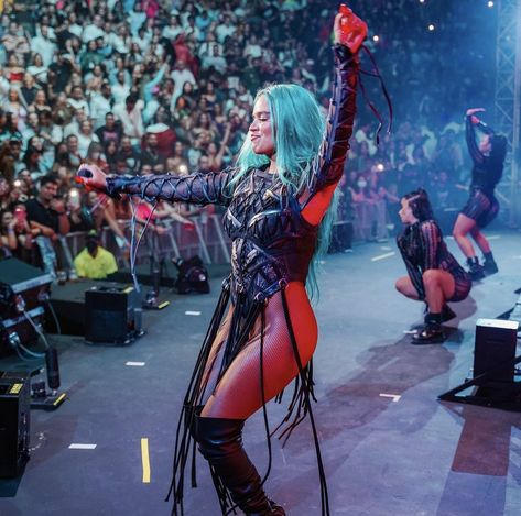 Karol G Concert Outfits, Karol G Concert, Concert Outfits, Halloween 2020, Leather Vest, Woman Crush, Performance Outfit, Concert Outfit, Super Powers