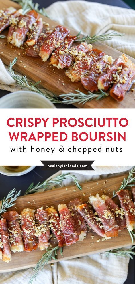 If you’re looking for the ultimate holiday appetizer, look no further. This Crispy Prosciutto Wrapped Boursin Cheese with Honey and Chopped Nuts is irresistible. Made from four ingredients, this prosciutto appetizer is easy to make yet has an elevated appearance and flavor profile. You only need 20 minutes to pull this boursin cheese appetizer together. Crispy Prosciutto Wrapped Boursin Cheese, Prosciutto Wrapped Boursin, Prosciutto Boursin Honey, Prosciutto Wrapped Boursin Cheese, Crispy Prosciutto Wrapped Boursin, Boursin And Prosciutto Appetizer, Boursin Prosciutto Phyllo Cups, Appetizer Recipes Prosciutto, Fancy Hot Appetizers