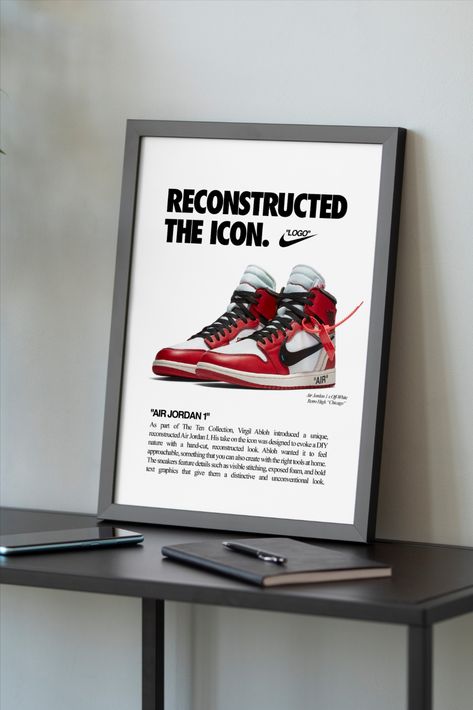 Transform Your Space with the Timeless Style of the Air Jordan 1 Off White Chicago Poster - Perfect for Sneaker Fans and Art Lovers Alike! Don't Miss Out on This Must-Have Collectible - Order Yours Today and Elevate Your Decor Game. #airjordan #airjordan1 #nike #nikeposter #michaeljordan #sneaker #sneakerhead #jordan Nike Shoes Wall Art, Jordan 1 Poster, Jordan Wall Prints, Jordan 1 Off White Chicago, Air Jordan Poster, Air Jordan 1 Off White, Air Jordan 1 Black And White, Prints For Walls Jordans, Jordan Shoes Wall Art