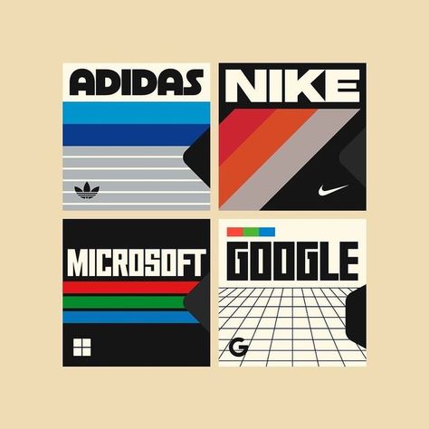 The Graphic Design Addict on Instagram: "Retro brands by @faelpt 🔖 Tag or use #thegraphicaddict to get featured! Follow @thegraphicaddict for daily design inspiration! #graphicdesign #designinspo #brandingdesign #logo #logotype #retrodesign #retro #logoinspiration #adidas #google #nike #microsoft #artinspo" 80s Retro Design, 90s Branding, Retro Logo Inspiration, Vintage Color Schemes, Dtf Designs, 90s Logo, 90s Logos, Retro Logo Design, Paper Things