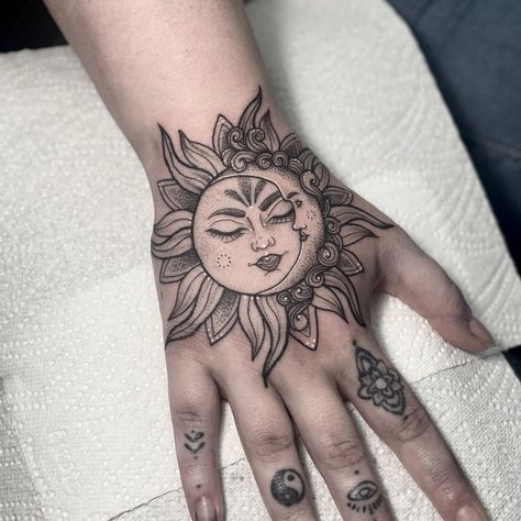 Black Cherry Tattoo, Left Hand Tattoo, Sun Moon Tattoo, Sun And Moon Tattoos, Astronomy Tattoo, Cherry Tattoo, Henna Style Tattoos, Moon Tattoos, Mom Tattoo Designs