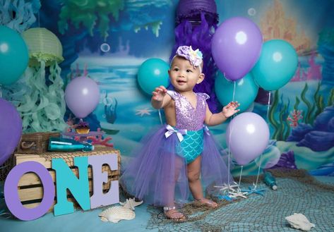 Mermaid Theme Photoshoot Baby, 1st Birthday Mermaid Theme, Oneder The Sea 1st Birthday, One Der The Sea, Mermaid 1st Birthday, Mermaid Birthday Party Decorations, Mermaid Theme Birthday Party, 1st Birthday Party For Girls, Mermaid Birthday Cakes