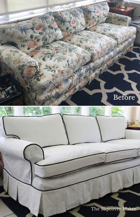 Sofa Bed Slipcover, Farmhouse Mansion, White Slipcover Sofa, Reused Furniture, Muebles Shabby Chic, White Slipcovers, Sofa Makeover, Sofa Pictures, Floral Sofa