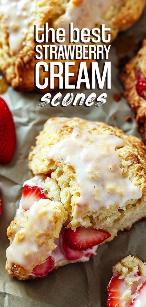 Strawberry Cream Scones [25 Minutes] – Chasety Strawberry Cream Scones, Strawberries And Cream Scones, February Food, Strawberry Scone, Cream Scones Recipe, Peach Scones, Best Biscuit Recipe, Strawberry Scones, Scone Recipes