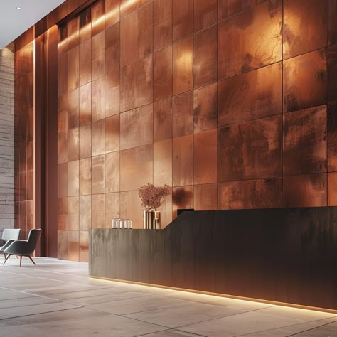 Sintesi | Favel Group S.r.l. Copper Feature Wall, Copper Patina Wall, Rippled Metal Ceiling, Copper Material Texture, Faux Copper Patina Wall, Copper Metal Texture Seamless, Interior Design Projects, Feature Wall, Fire Pit