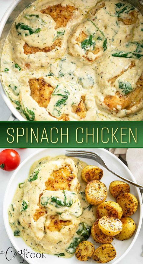 spinach chicken with spinach in a cream sauce on top of chicken Cream Sauce With Spinach, Chicken Spinach Recipes, Creamy Spinach Chicken, Chicken Board, Foolproof Recipes, Chicken Smothered, Workout Meals, Salad Vegetables, Cozy Cook