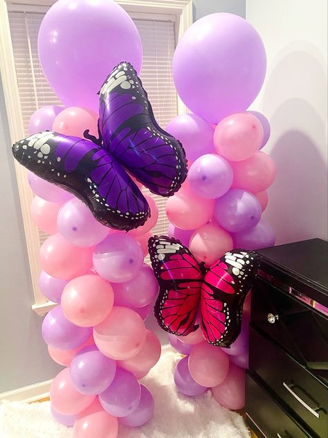 Balloon Columns Butterfly, Butterfly Flower Balloon Garland, Butterfly Balloons Purple, Purple Butterfly Baby Shower Backdrop, Ballon Column, Pink And Purple Butterfly Baby Shower Decorations, Column Wrap, Butterfly Balloons, Butterfly Party