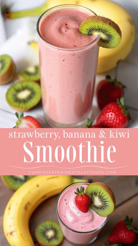 Strawberry, Kiwi and Banana Smoothie Apple Lemon Ginger Juice, Strawberry Kiwi Smoothie Recipe, Fresh Fruit Smoothie Recipes, Smoothie King Recipes, Kiwi Banana Smoothie, Kiwi Smoothie Recipes, Strawberry Kiwi Smoothie, Tropical Fruit Smoothie, Berry Protein Smoothie