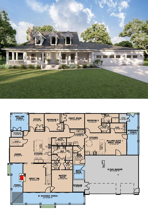 Modern 3-Bedroom Single-Story Farmhouse with Wraparound Porch, In-Law Suite, and Bonus Level (Floor Plan) Modern Farmhouse With In Law Suite, House Plans With Inlaw Suite Layout, Barndominium Mother In Law Suite, Home With In Law Suite, Barndominium With In Law Suite, Home Plans With Mother In Law Suite, Multi Generational House Plans In Laws, Floor Plans With In Law Suite, Inlaw Suite Addition