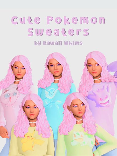 Sims Hairstyles, Sims 4 Patreon, Kawaii Sweater, Cc Hair, Sims 4 Anime, Pokemon Shirts, Cc Mods, Pokemon Clothes, Pastel Sweater