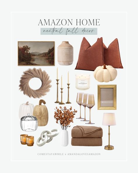 Amazon Fall Decor. Neutral aesthetic fall decor. Fall wall art, vases, cute throw pillows, neutral wreaths, candle sticks, pumpkin pillows, cute pumpkin decor, stylish glasses, picture frames, vases with leaves, trendy throws, and battery-operated lamps. Affordable stylish fall decor for the home. Follow comestayawhile for DIY projects, neutral home decor, skincare routine, women's fashion, lifestyle, parenting, & more! Follow amandalovesamazon for the best deals on home, beauty, & fashion! Fall Home Decor Simple, Fall Home Decor Neutral, Rust Fall Decor, Fall Decor Neutral, Neutral Fall Decor Ideas, Amazon Fall Decor, Aesthetic Fall Decor, Cute Throw Pillows, Pillows Cute