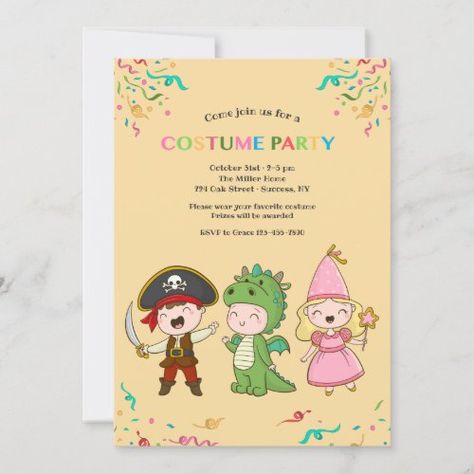 $2.90 | Juvenile Costume Party Invitations | Halloween Kids Invitations | juvenile costume party invitations, costume birthday party invitations, birthday party invitations with costumes, cotton lamb, cottonlamb, pirate, princess, dragon, halloween costume party juvenile, kids costume party invitations Unique Halloween Party Ideas, Scary Halloween Invitations, Dragon Halloween Costume, Halloween Invitations Kids, Kids Halloween Party Invitations, Cute Greeting Cards, Costume Party Invitations, Dragon Halloween, Dragon Party