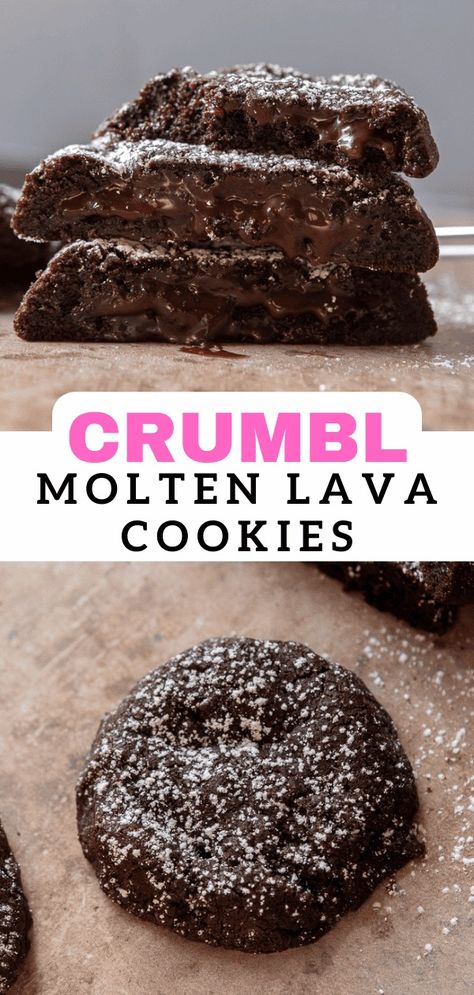 Easy Crumbl molten lava cookies copycat recipe - Lifestyle of a Foodie Molten Lava Chocolate Chip Cookies, Crumbl Molten Lava Cookies, Cookies Like Crumbl, Complicated Cookie Recipes, Lava Cookies Molten, Lava Cake Cookie Recipe, Rare Cookie Recipes, Chocolate Lava Cake Cookies, Decadent Chocolate Cookies